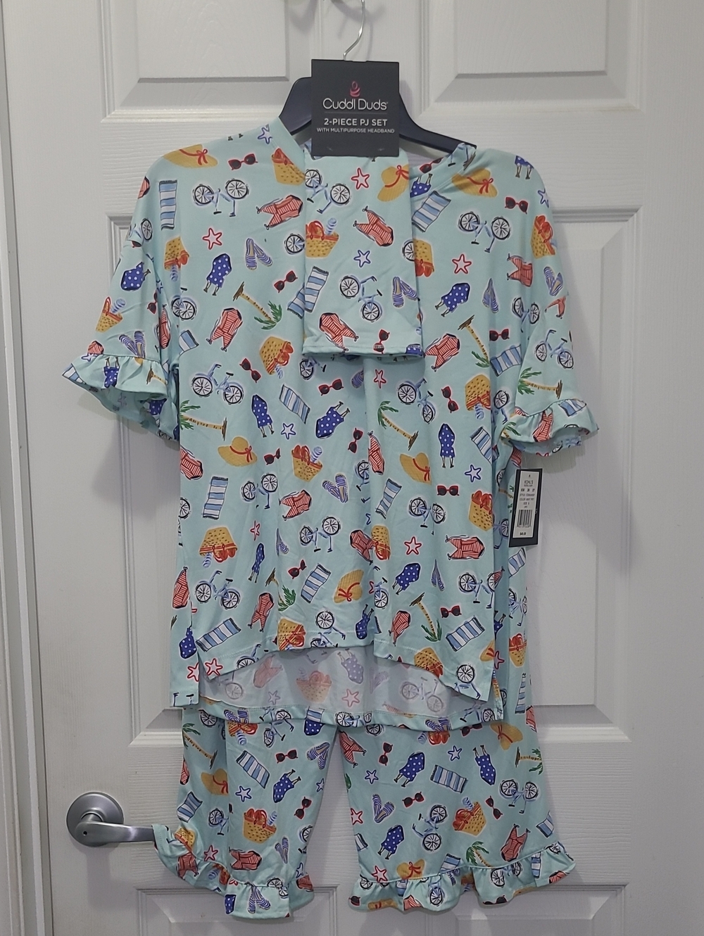 Cuddl Duds Light Blue Beach Print Short Sleeve Pajama Set with Ruffle Trim